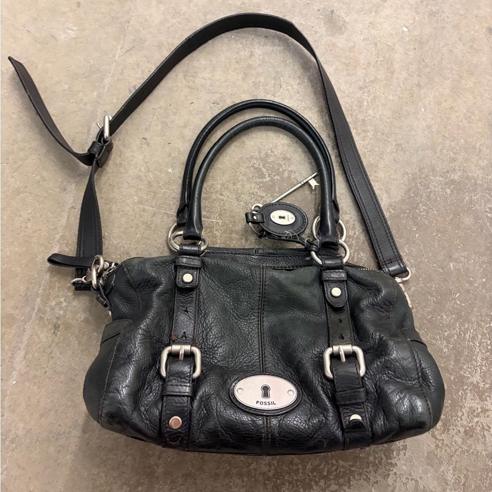 Vintage Y2K maddox paddington Fossil Black Leather Satchel Bag silver hardware r